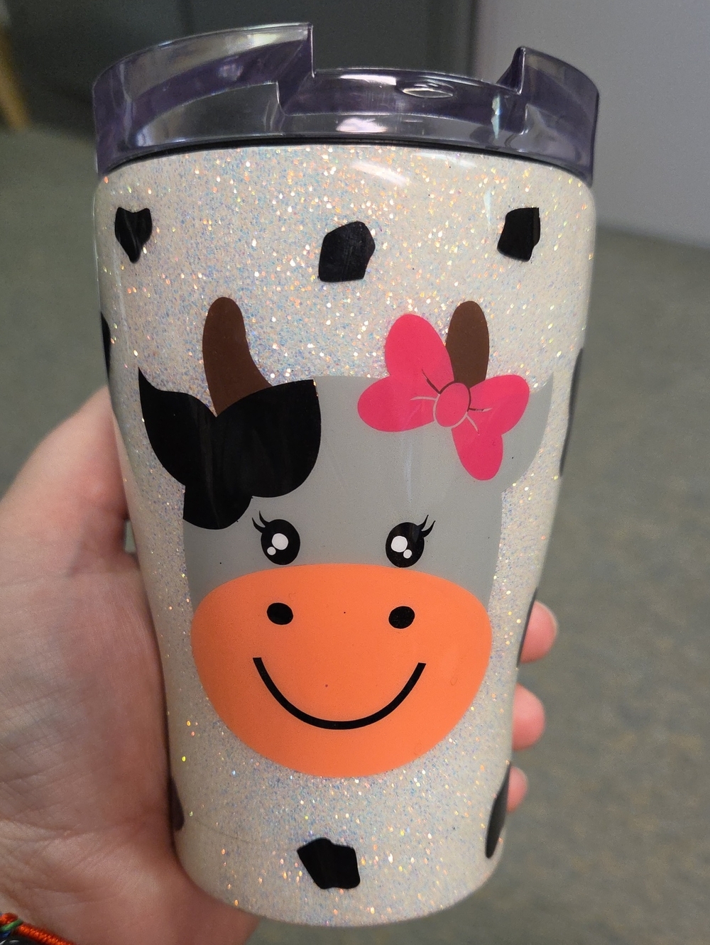 Kids Glitter Cow Travel Cup with Pink Bow